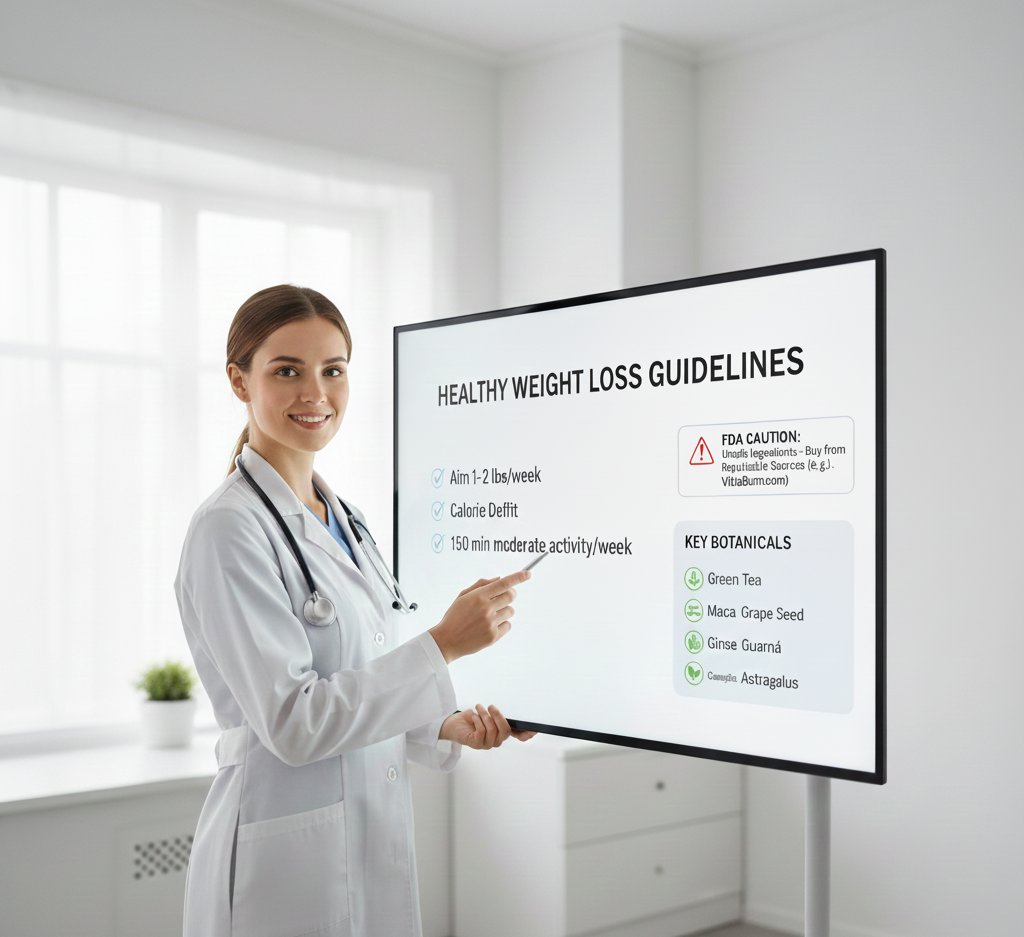Doctor pointing at a chart showing healthy weight loss guidelines